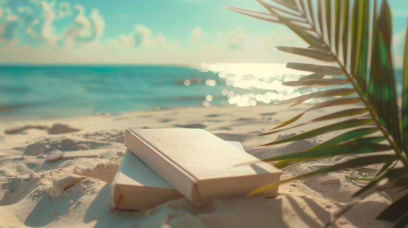 Two Novel books on beach sand.