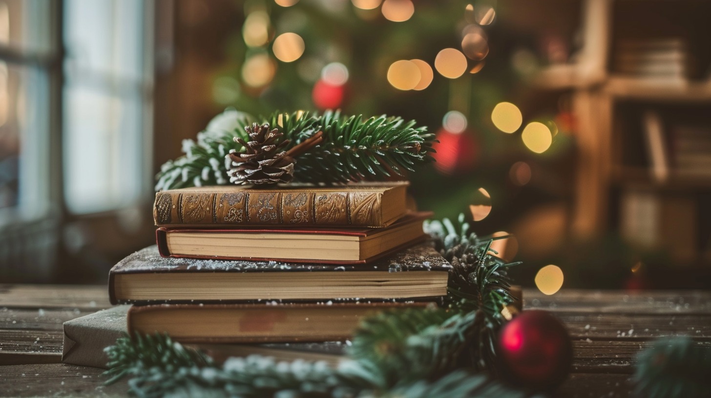 Books on desk with christmas tree in the beackground and festive decorations around it