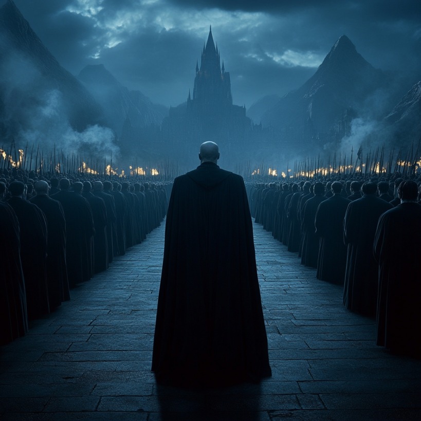 Dark figure in a cloak stands before an army and a looming castle in a shadowy, mountainous landscape