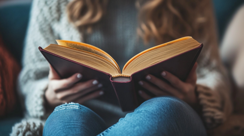 A Person Holding an Open Book, Sitting with Their Legs Crossed