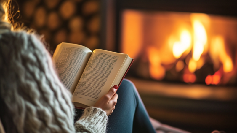 A Person Reading a Book by A Fireplace, Relaxing in A Cozy Sweater