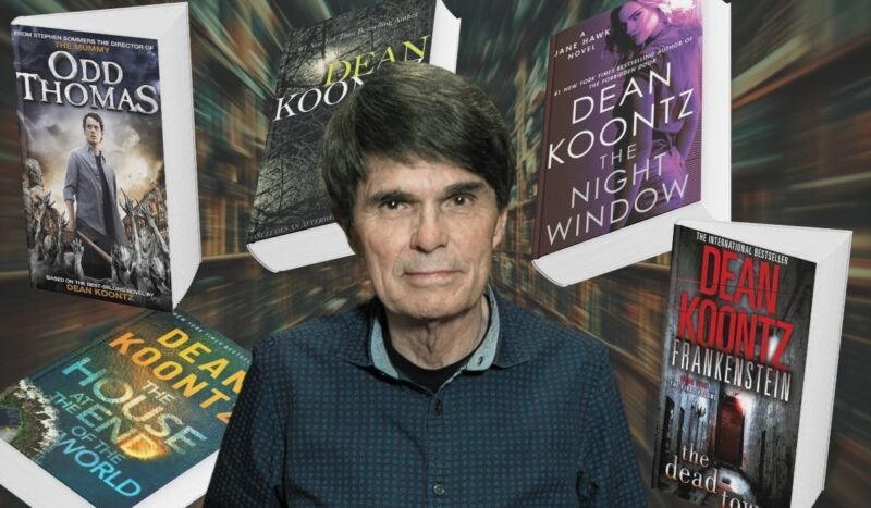 Dean Koontz surrounded by covers of his popular books including Odd Thomas, Watchers, The Night Window, Frankenstein: The Dead Town, and The House at the End of the World