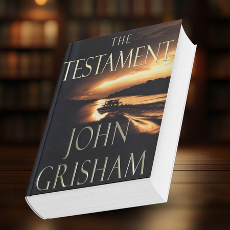 Cover of The Testament by John Grisham with a boat on a river at sunset