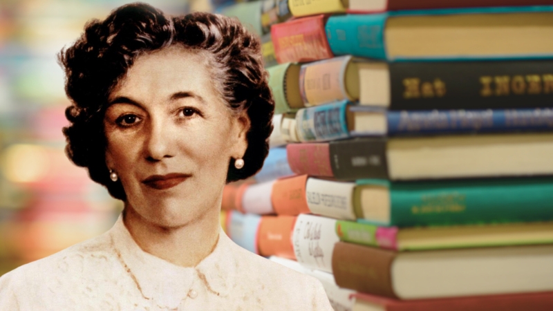 Portrait of Enid Blyton with a background of colorful books, representing the wide array of Enid Blyton books