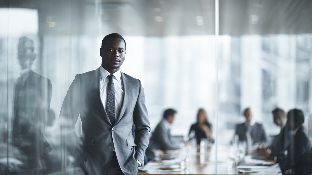 Business professional standing near a conference room where a team is meeting