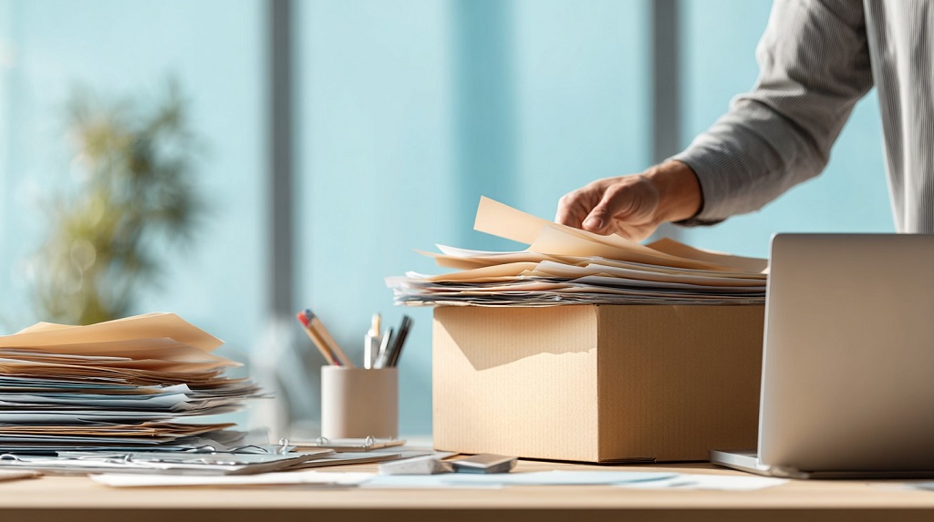 Person sorting through documents at a cluttered desk with stacks of files
