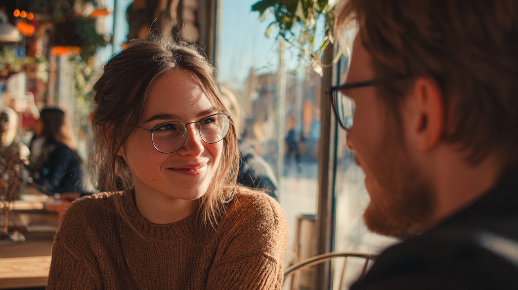 Two people talking in a café, smiling during a friendly conversation