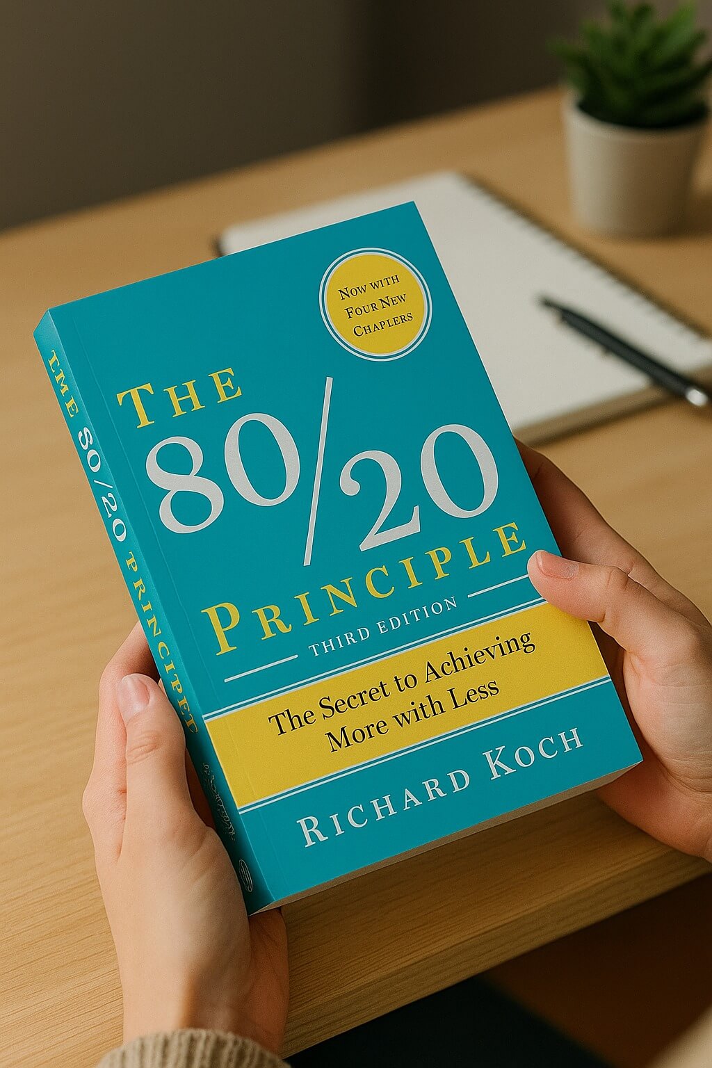 A person holding the book “The 80/20 Principle” by Richard Koch at a desk with a notebook and pen in the background