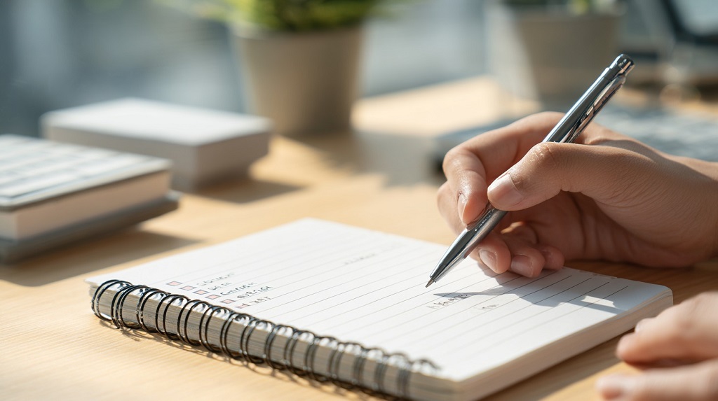 Hand writing a short task list in a notebook on a bright workspace