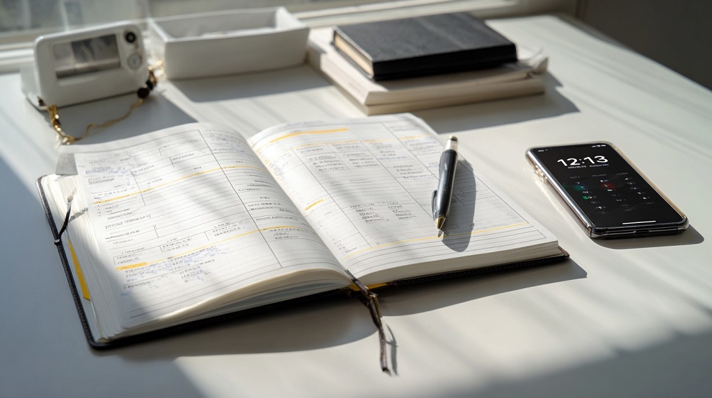 Open daily planner on a desk with a pen and smartphone in natural light