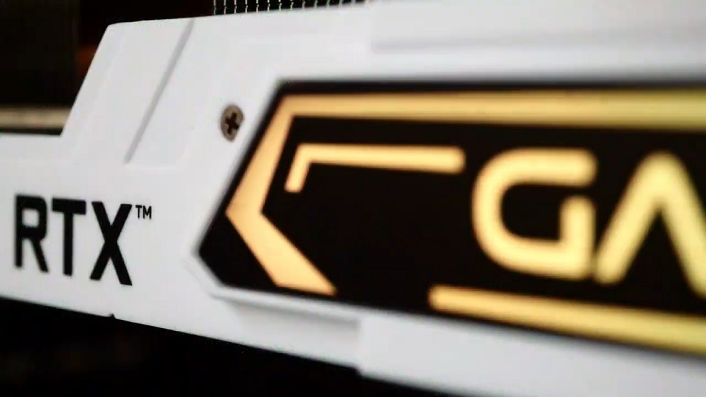 A close-up view of an RTX-branded graphics card