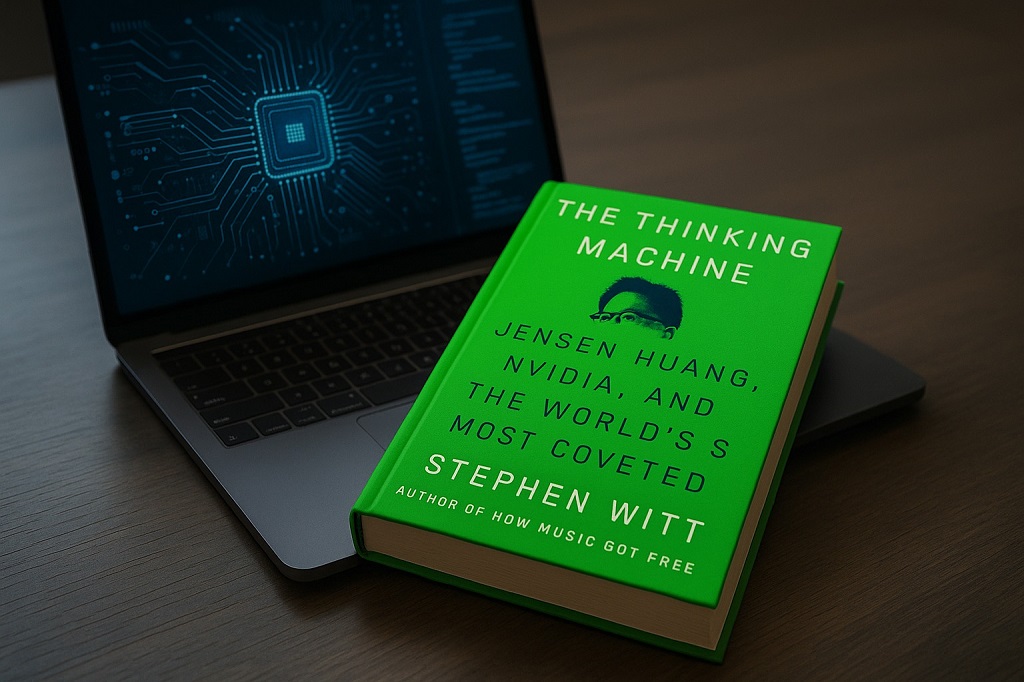 A hardcover copy of “The Thinking Machine” by Stephen Witt resting on a laptop
