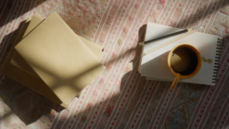 A notebook and coffee sit beside papers on a sunlit rug