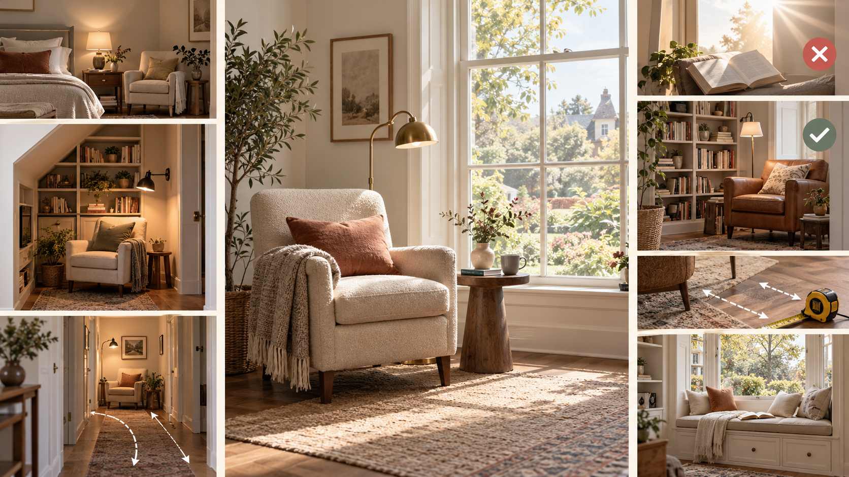 Visual guide to reading corner locations, including bedroom corners, alcoves, hallways, bookshelves and window seats.