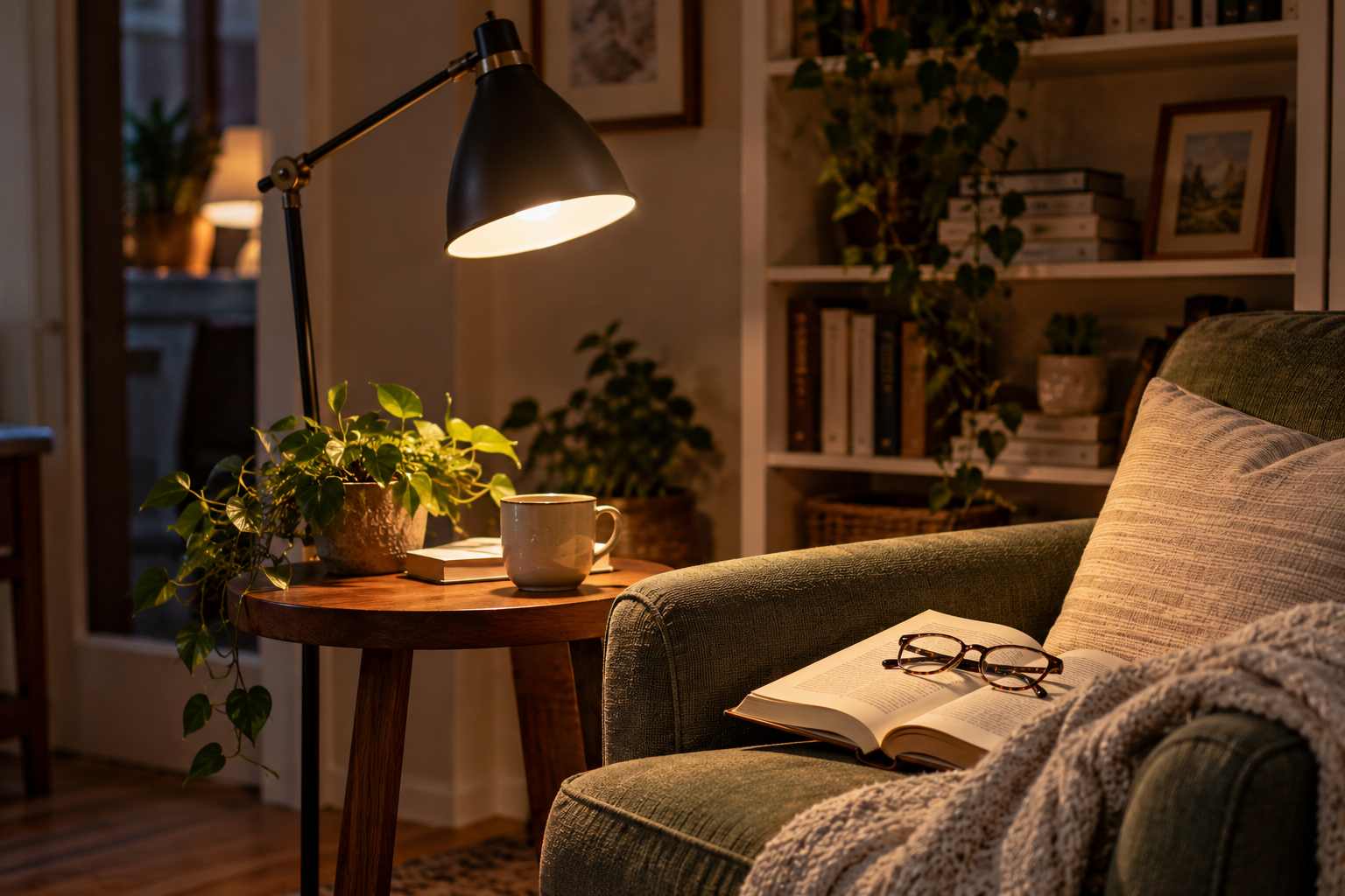 Adjustable reading lamp illuminating an open book on a green armchair in a cozy home reading corner.