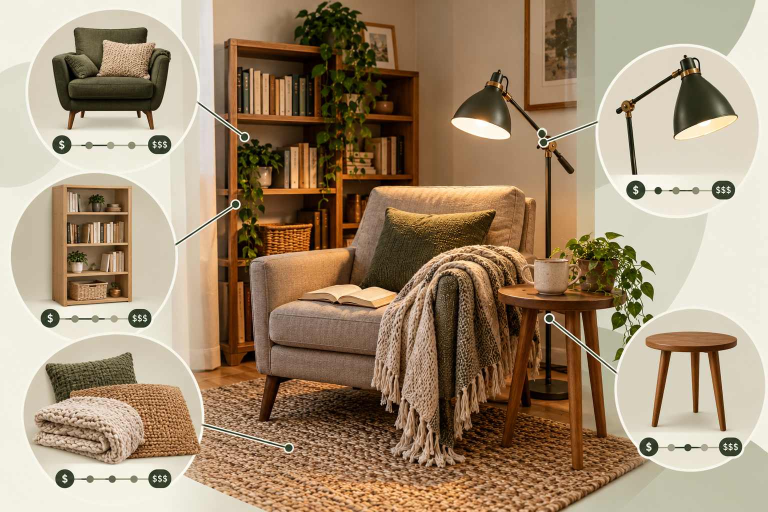 Reading corner budget infographic showing an armchair, bookshelf, adjustable lamp, side table and cozy accessories.