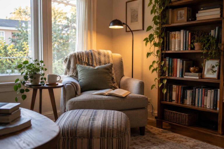 Cozy home reading corner with a comfortable armchair, wooden bookshelves, reading lamp and natural window light.