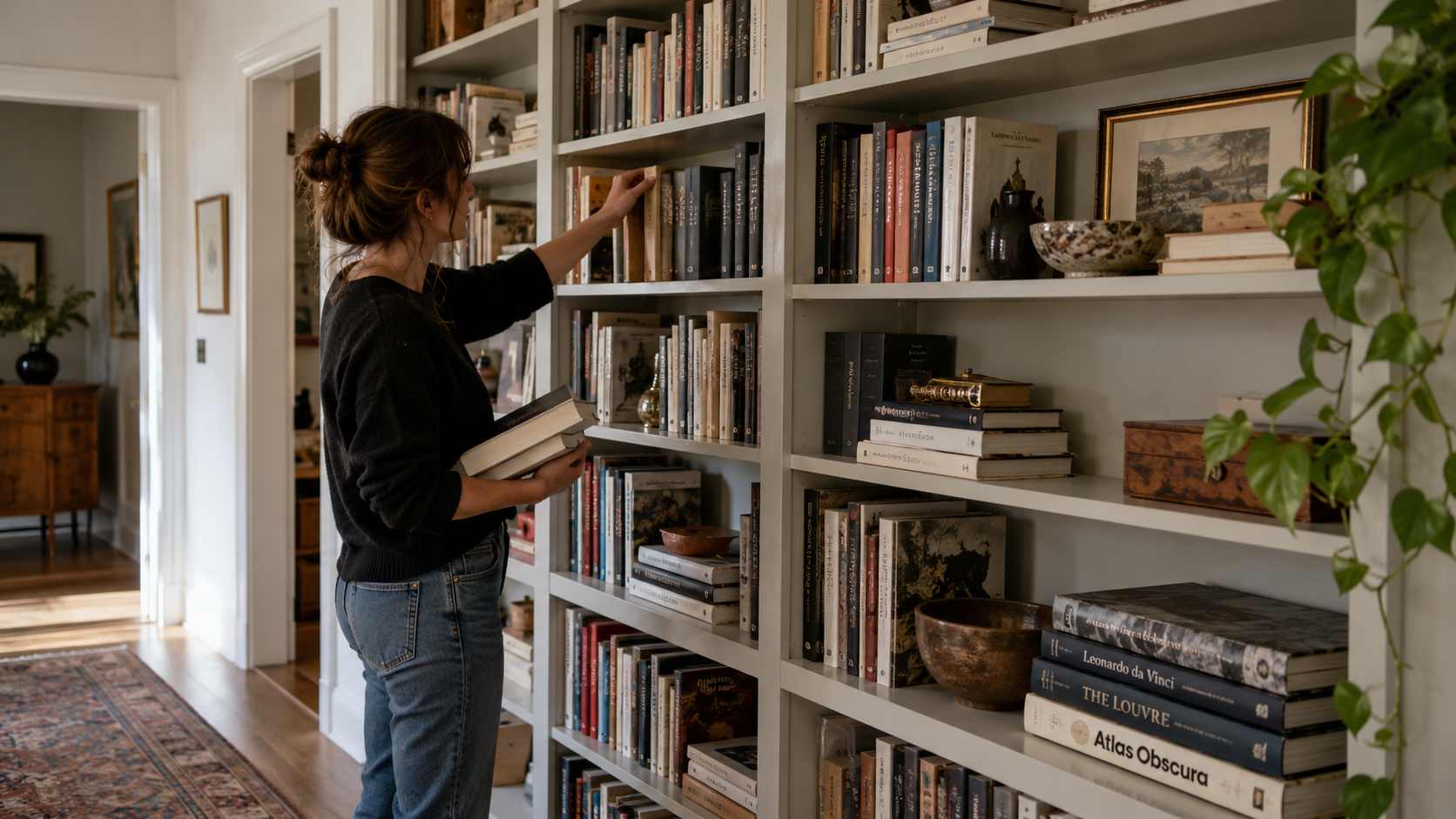 Woman organizing books of different sizes on built-in white bookshelves in a home library.