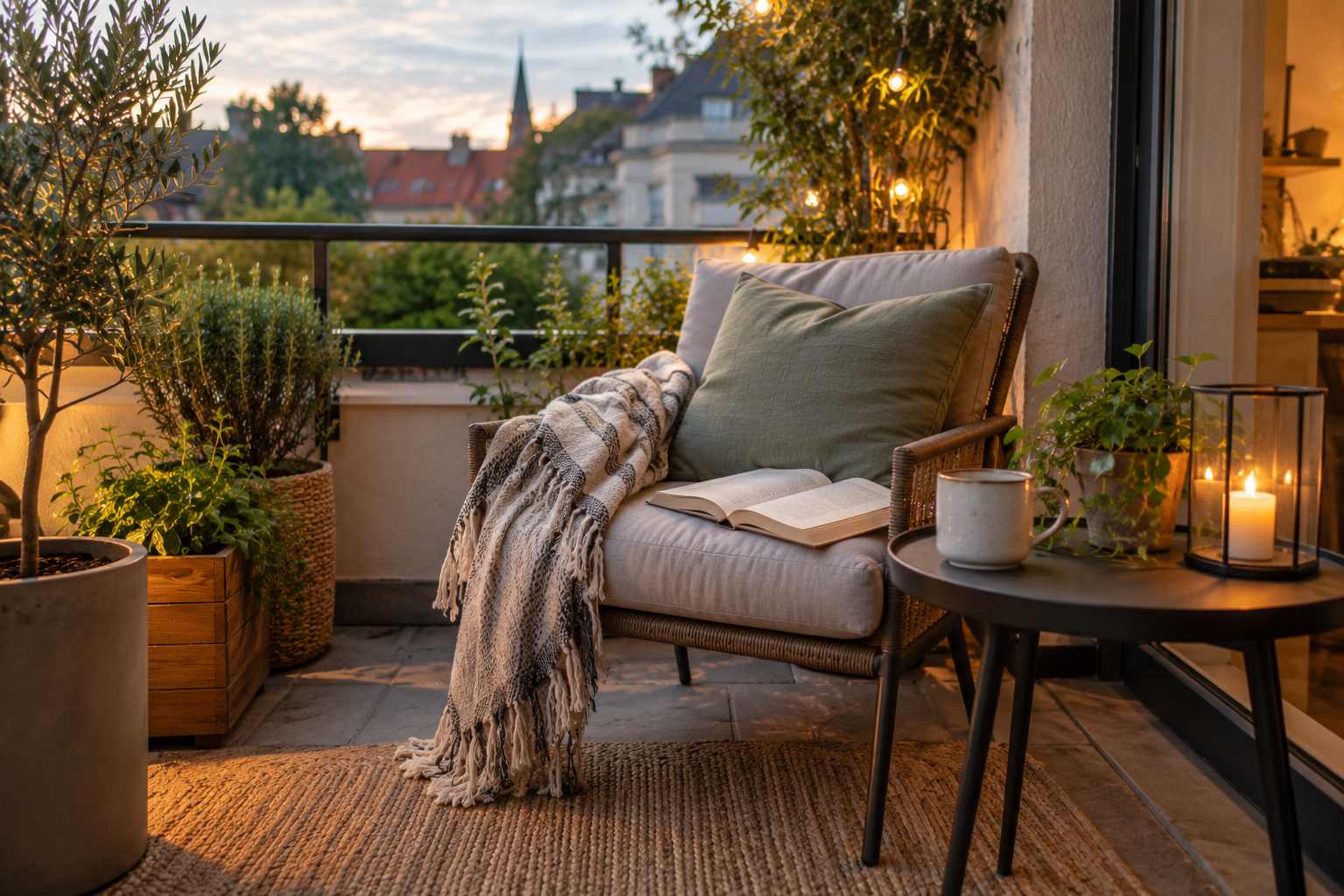 Cozy balcony reading corner with a wicker armchair, open book, potted plants and a small table at sunset.